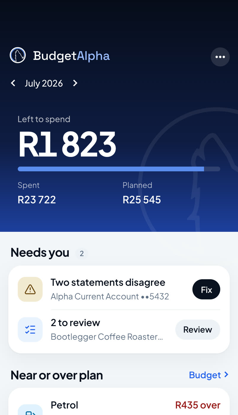BudgetAlpha on iPhone: R1 823 left to spend in July, R23 722 spent of R25 545 planned